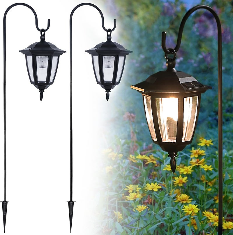 Dynaming 2 Pack Solar Hanging Lights Outdoor, Solar Powered Garden Decorative Lanterns with 2 x 38 Inch Shepherd Hooks, Waterproof Landscape Lighting for Lawn Patio Yard Pathway Driveway, Warm White - Image 1